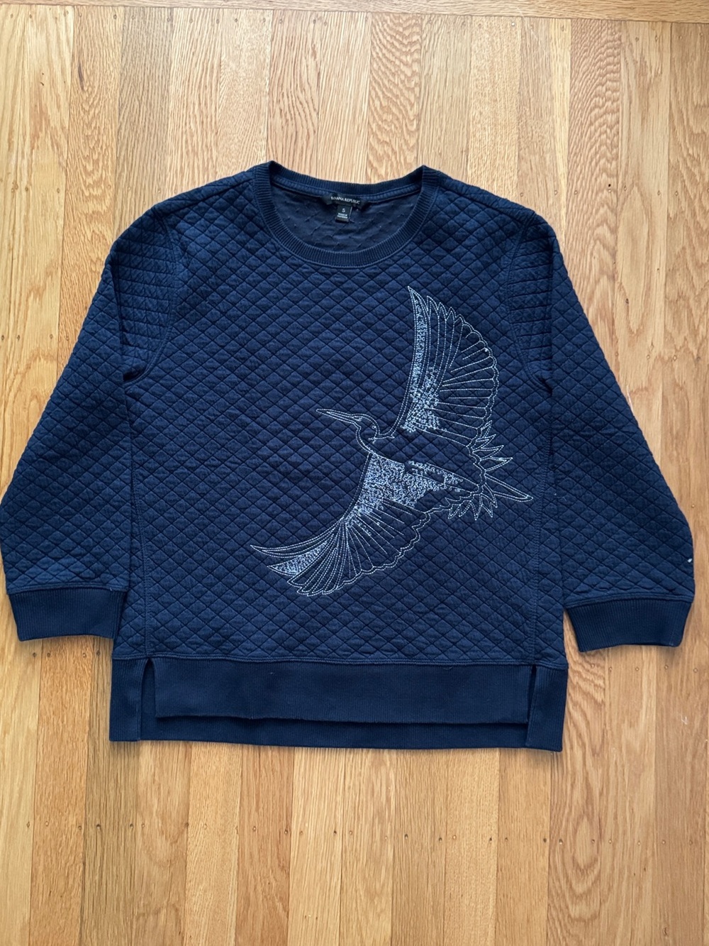 Banana Republic Navy Quilted Crewneck Sweatshirt with Bird Embroidery